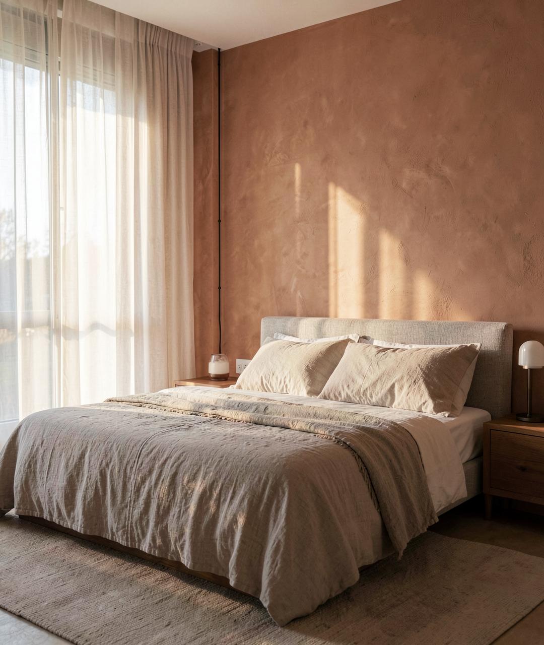 Warm minimalist bedroom with linen bedding and morning glow