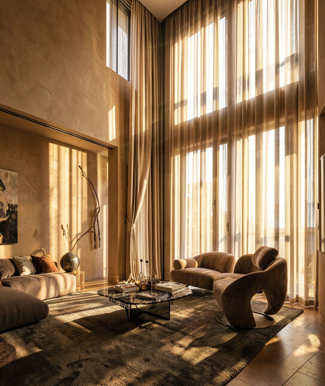 Double-height living room with sheer curtains catching golden light
