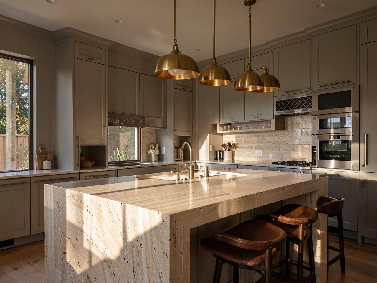 Open kitchen with stone island and warm pendant lights