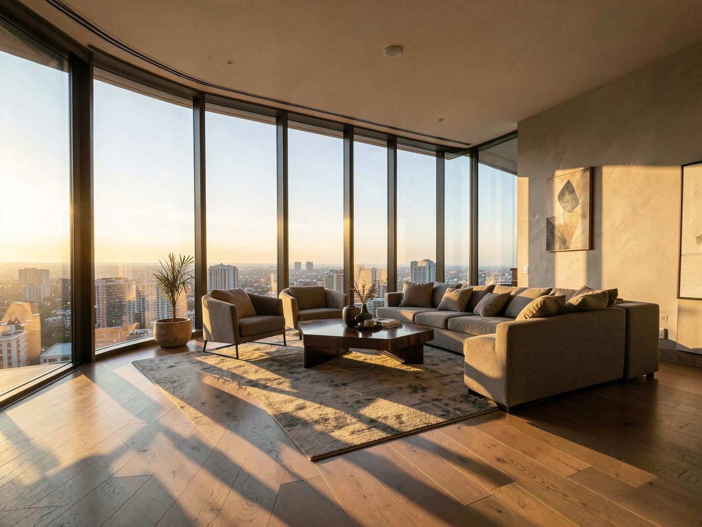 Sunlit penthouse living room at golden hour with floor-to-ceiling skyline windows