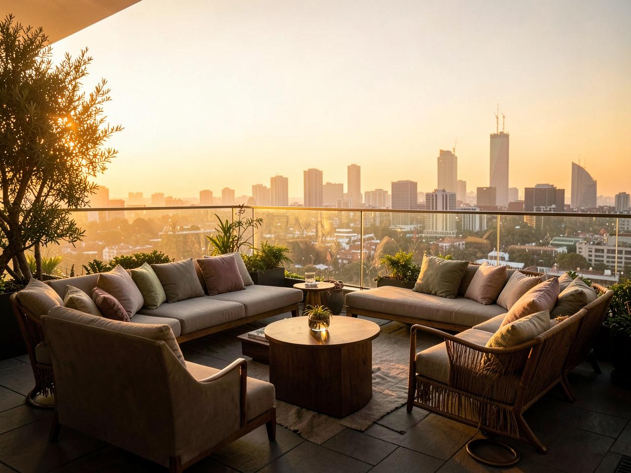 Rooftop terrace at golden hour overlooking the skyline